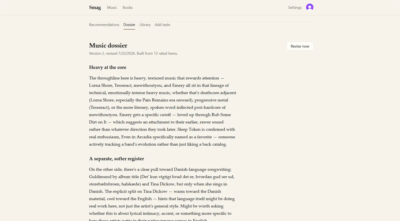Smag — the written taste dossier built from rated items