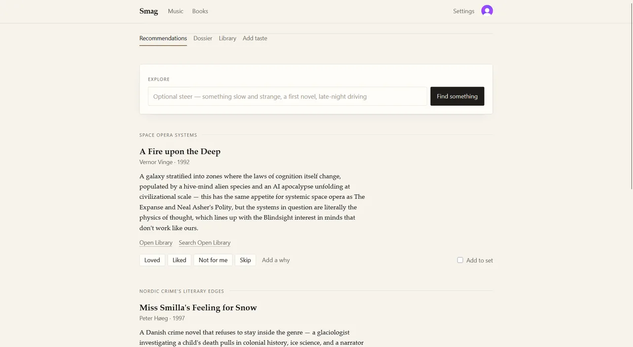 Smag — recommendations, each with its reason and the thread it belongs to