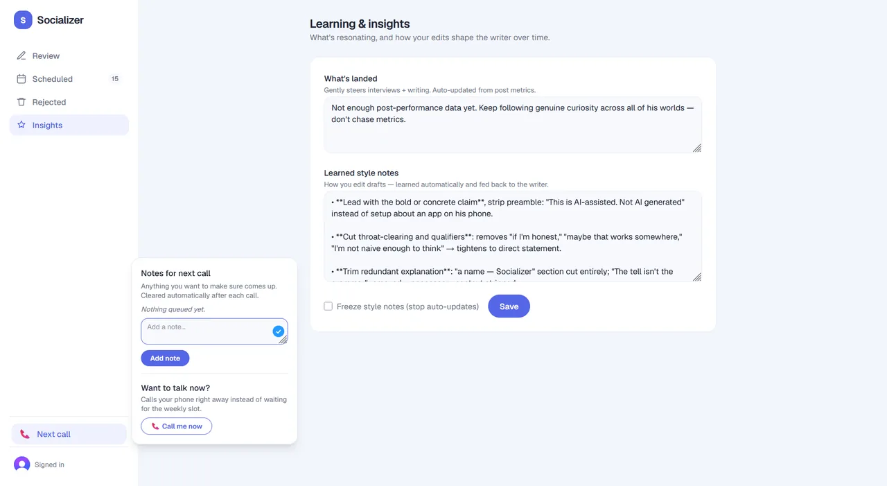 Socializer — the weekly call converted into drafted posts
